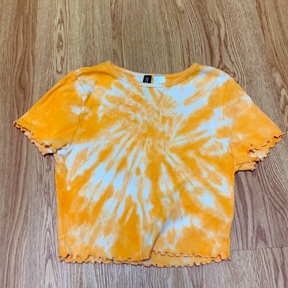 orange and white tie die crop top